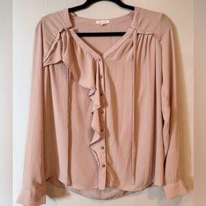Under Skies Long-Sleeve Button Down Ruffle Blush Pink Blouse Size Small Y2K